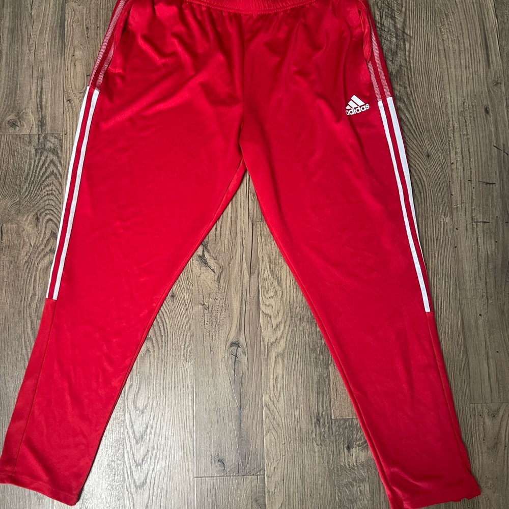 Adidas Mens Red Joggers with White Stripes